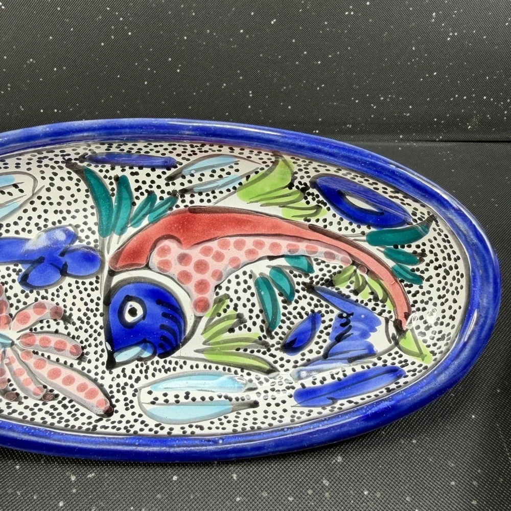 Le Souk Tunisia Azure Fish Hand Painted Oval Serving Bowls Set of 3 Blue Red 9in